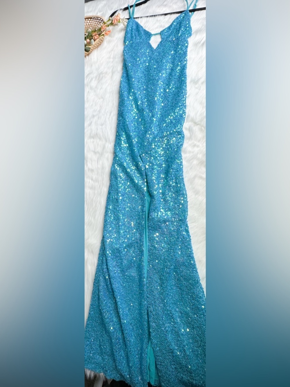 OH POLLY Joella Embellished Cut-Out Halterneck Maxi Dress in Turquoise 2 - Picture 4 of 5